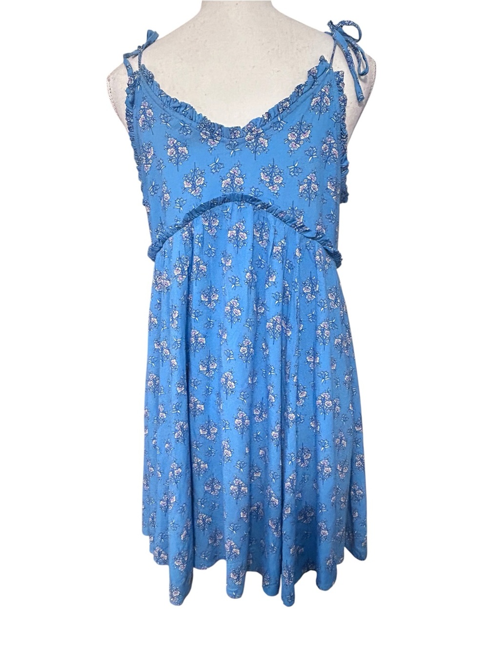 Patrons of Peace Ditsy Floral Babydoll Mini Dress Womens M Blue Festival Boho